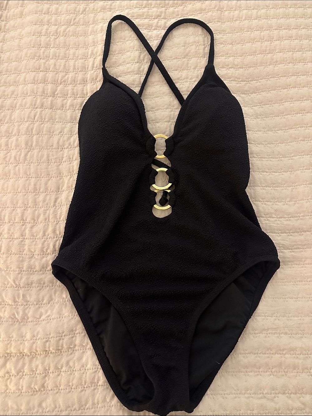 Shade & Shore Black One-Piece Swimsuit with Gold Ring Front Detail